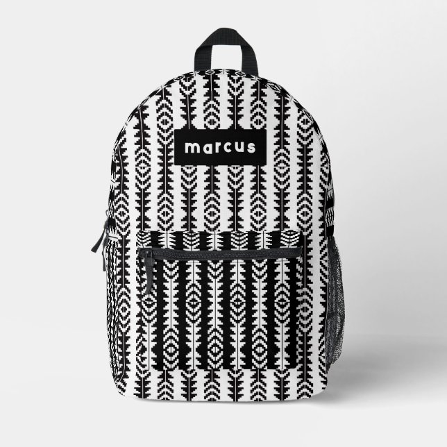 Mochila Impresa Blanco y negro tribal con nombre (Anverso)