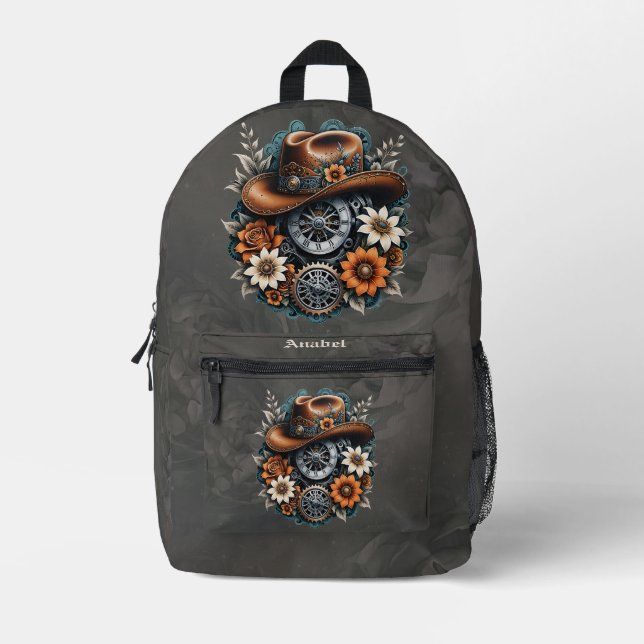 Mochila Impresa Blooming Gears: Estilo de vaquero Steampunk. (Anverso)