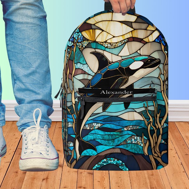 Mochila Impresa Blue Black White Orka Whale Stain Glass (Subido por el creador)