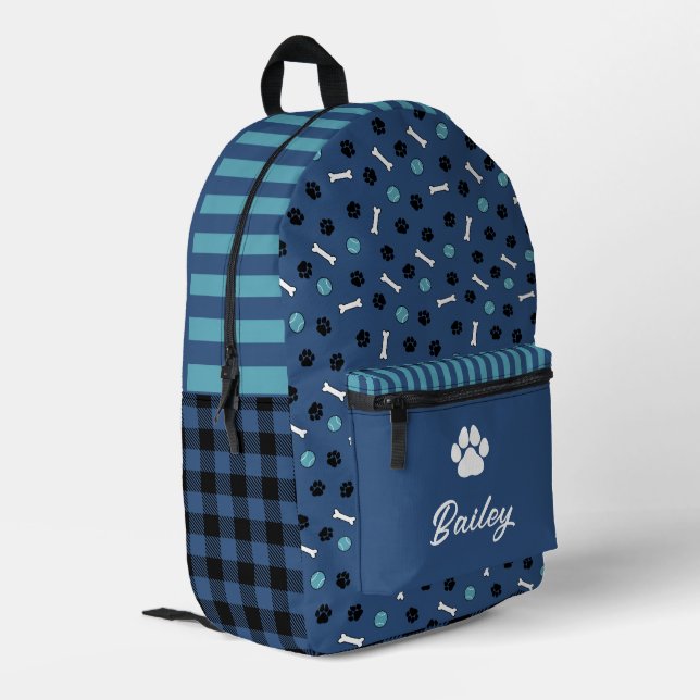 Mochila Impresa Blue Bones & Balls Paw Print Dog Nombre (Esquina izquierda trasera)