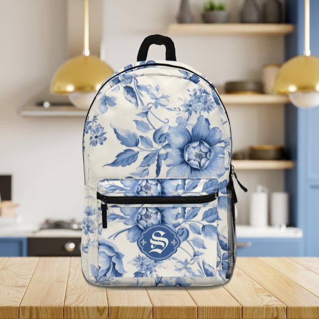 Mochila Impresa Blue Floral French Toile Chinoiserie personalizada (Blue Floral French Toile Chinoiserie Personalized Printed Backpack)