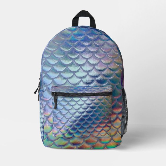 Mochila Impresa Blue Green Mermaid Fish Scales Holographic Trendy (Anverso)
