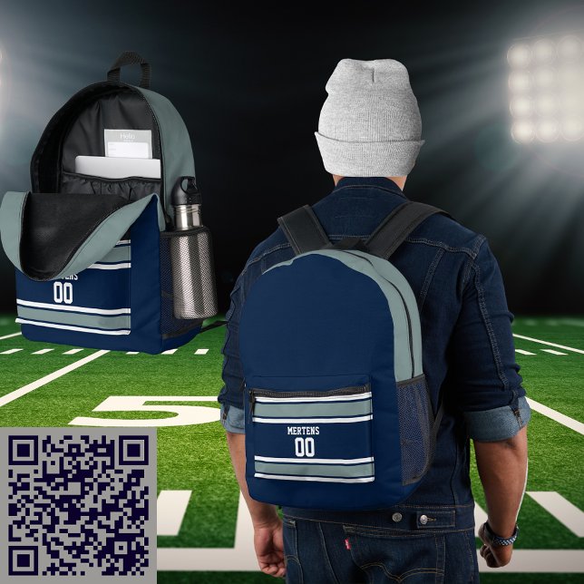 Mochila Impresa Blue Silver White Sports Strike Nombre del equipo  (Blue Silver White Sports Striped Jersey Team Name Printed Backpack)
