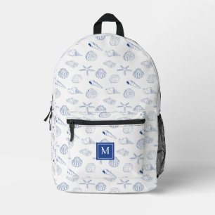 Mochila Impresa Blue White Hand Drawing Sea Shells Beach Summer