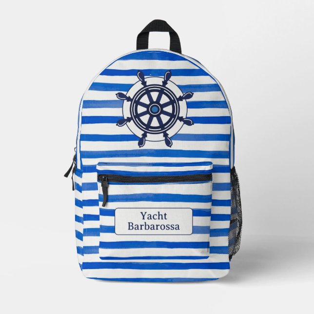 Mochila Impresa Blue White Stripes, Helm, Boat Name (Anverso)