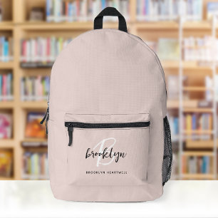 Mochila Impresa Blush Rosa Negro Blanco Monograma Nombre de Moda