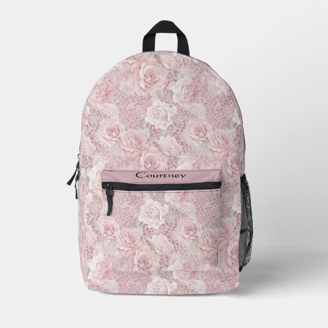 Mochila Impresa Boda rosa de rosas y encaje (Anverso)