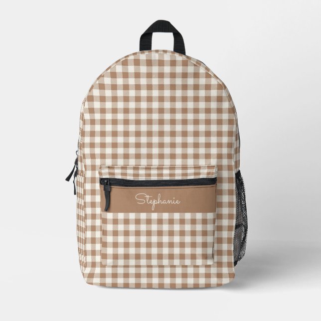 Mochila Impresa Boho Gingham Pattern Plaid Checkered Brown Name (Anverso)