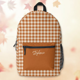 Mochila Impresa Boho Otoño Quemado Naranja Gingham Cuadro Nombre P