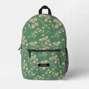 Mochila Impresa Boho Verde Floral Moderno Nombre Personalizado