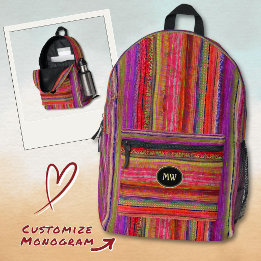 Mochila Impresa Boho Vintage Rojo Violeta Rayas Monogramadas -