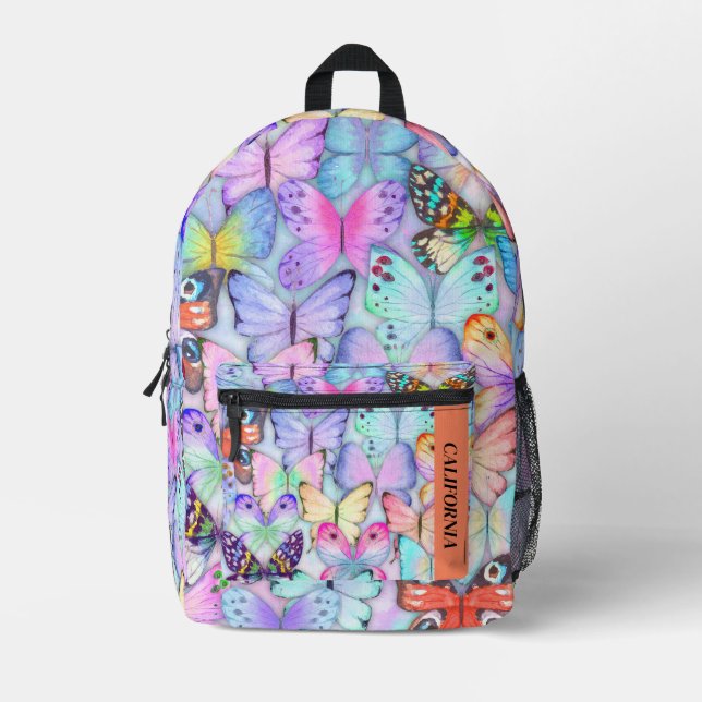 Mochila Impresa Bonito acuarela patrón mariposa elegante púrpura (Anverso)