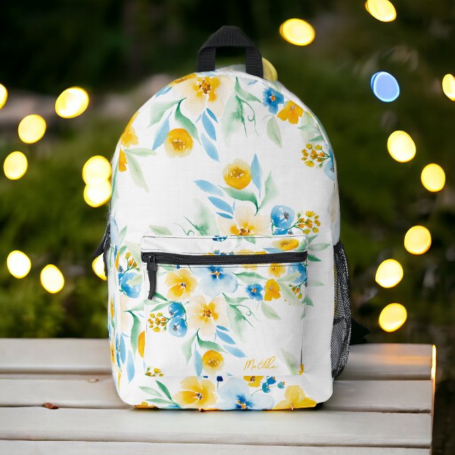 Mochila Impresa Bonito azul azul azul silvestre nombre floral patr (Pretty yellow blue wild flower name floral pattern printed backpack)