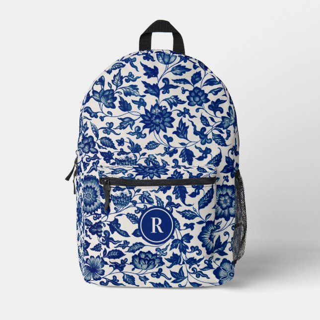 Mochila Impresa Bonito Azul Chinoiserie Chino Floral Vintage (Anverso)