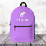 Mochila Impresa Bonito de unicornio Girly Cute Purple<br><div class="desc">Un diseño personalizado en un fondo morado con un icono de un motivo de unicornio en blanco que puede ser reemplazado fácilmente subiendo su propio logo, imagen o motivo! El nombre de monograma personalizado en la tipografía blanca moderna de bloques puede ser reemplazado por su propio nombre o texto personalizado....</div>