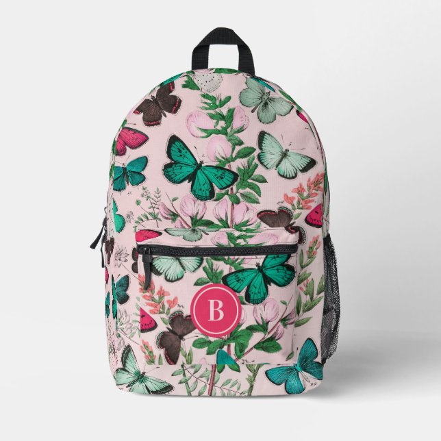 Mochila Impresa Bonito Mariposas Vintage Monograma Rosa (Anverso)