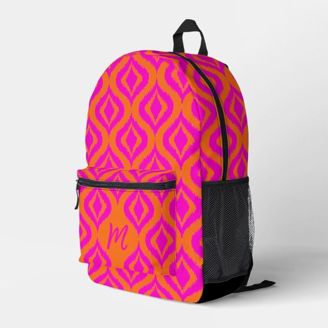 Mochila Impresa Bonito Naranja brillante Patrón de arte Ikat rosa  (Esquina derecha trasera )