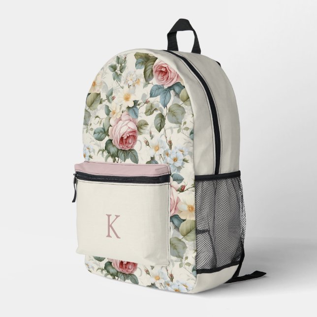 Mochila Impresa Bonito Patrón de Rosa de época monogramado (Esquina derecha trasera )