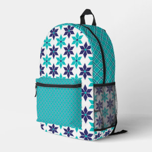 MOCHILA IMPRESA BONITO TURQUESA Y FLORAL AZUL Y GEOMÉTRICA