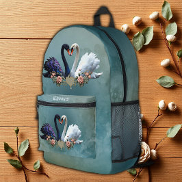 Mochila Impresa Bono eterno, cisnes negros y blancos enamorados.