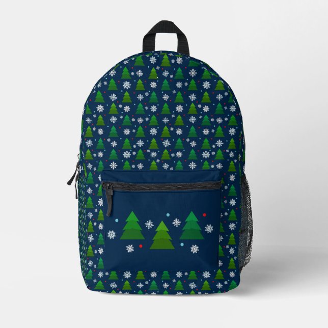 Mochila Impresa Bosque de árboles de Navidad, copos de nieve y pun (Anverso)