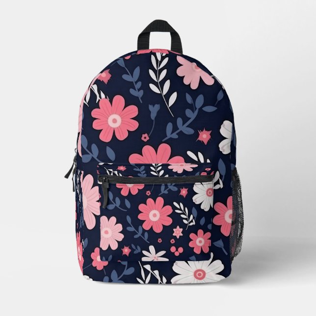 Mochila Impresa Botánica clásica con flores rosadas y blancas (Anverso)