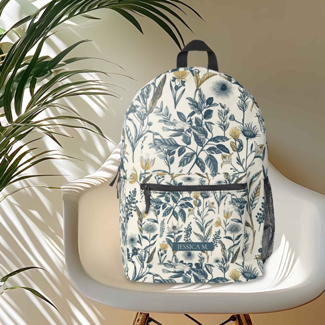 Mochila Impresa Botánica de oro y marina (Embrace the serene beauty of nature with this seamless botanical pattern. )