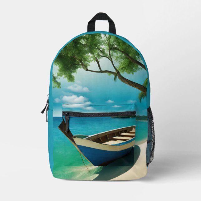 Mochila Impresa Bote Tropical Sandy Beach Blue Sea Sky Backpack (Anverso)