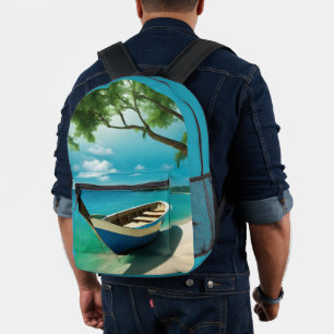 Mochila Impresa Bote Tropical Sandy Beach Blue Sea Sky Backpack