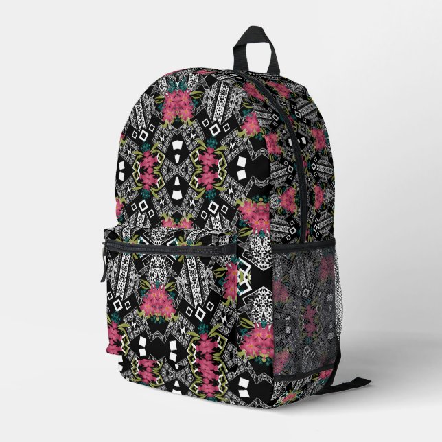 Mochila Impresa Bouquets de flores rosadas sobre una geométrica (Esquina derecha trasera )