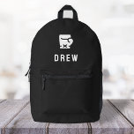 Mochila Impresa Boxeador Glove moderno de nombre negro<br><div class="desc">Un diseño personalizado en un fondo negro con un icono en blanco con un motivo de guante de boxeo que se puede reemplazar fácilmente subiendo tu propio logo, imagen o motivo! El nombre de monograma personalizado en la tipografía blanca moderna de bloques puede ser reemplazado por su propio nombre o...</div>