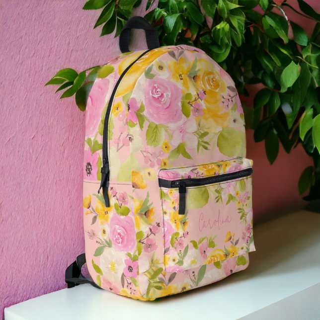 Mochila Impresa Brillante negrita rosa nombre amarillo verano flor (Bright bold pink yellow name summer floral printed backpack)
