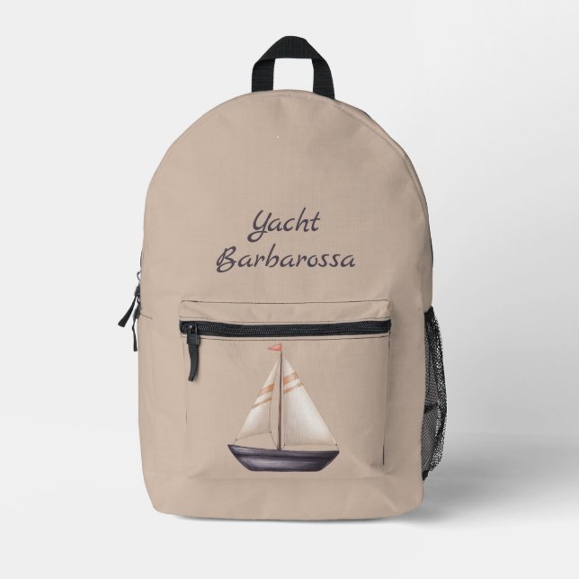 Mochila Impresa Brown Sailing Boat and Name on Beige (Anverso)
