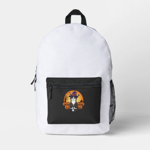 Mochila Impresa Bruja de Halloween Gato Calabaza Luna Diseño_1