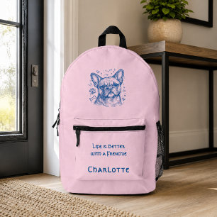 Mochila Impresa Bulldog Francés línea azul garabato frenchie rosa