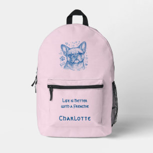Mochila Impresa Bulldog Francés línea azul garabato frenchie rosa