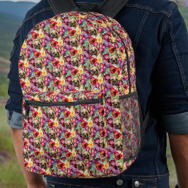 Mochila Impresa Bulldog francés y morado en el hibiscus rojo tropi