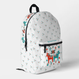 Mochila Impresa Caballo folk dala sueco l Verde azulado y rojo