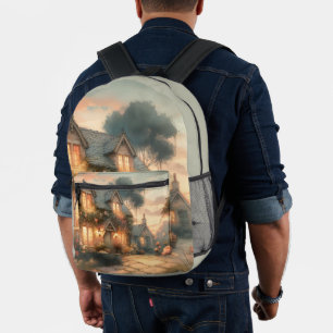Mochila Impresa Cabaña de cuento de hadas al atardecer con Rosas