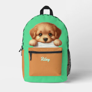 Mochila Impresa Cachorro Lindo Come Tareas Verde Marrón Niños