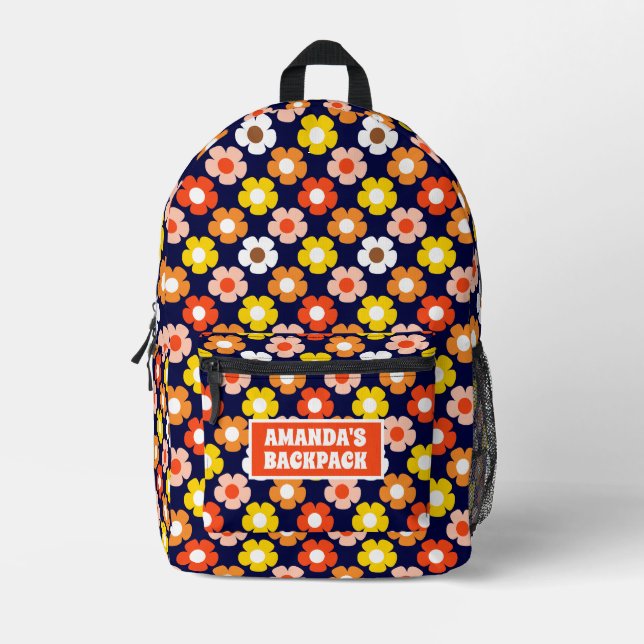 Mochila Impresa Caída Retro Flores de Otoño Patrón Azul (Anverso)