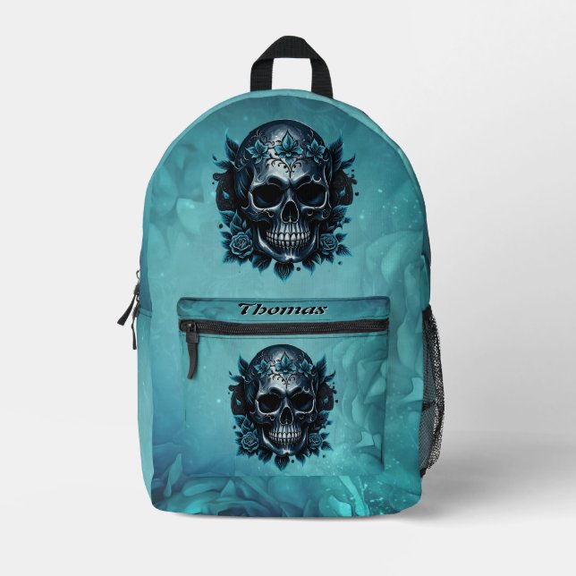 Mochila Impresa Calavera azul oscuro con rosas. (Anverso)