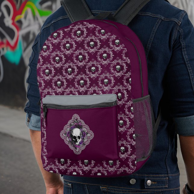 Mochila Impresa Calavera gótica y berenjena Damasco de encaje (Subido por el creador)