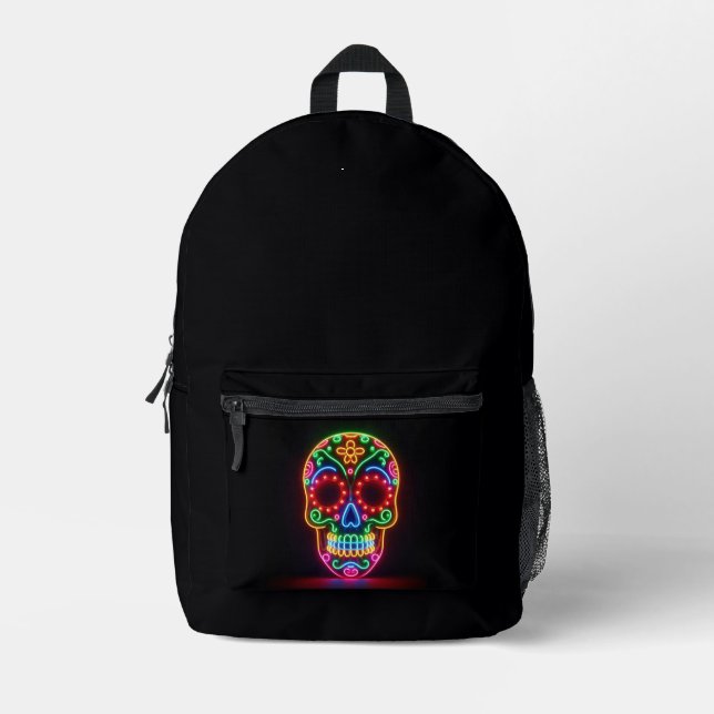 Mochila Impresa Calavera negra de neón/día de los muertos (Anverso)