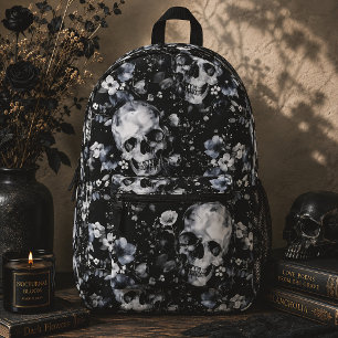 Mochila Impresa Calaveras Florales Góticas Negro y Blanco