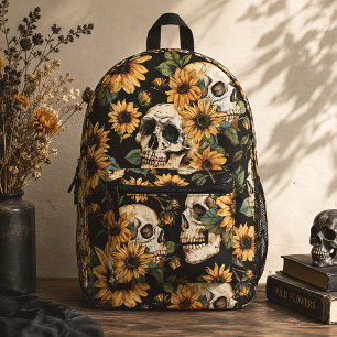 Mochila Impresa Calaveras góticas y girasoles florales oscuros