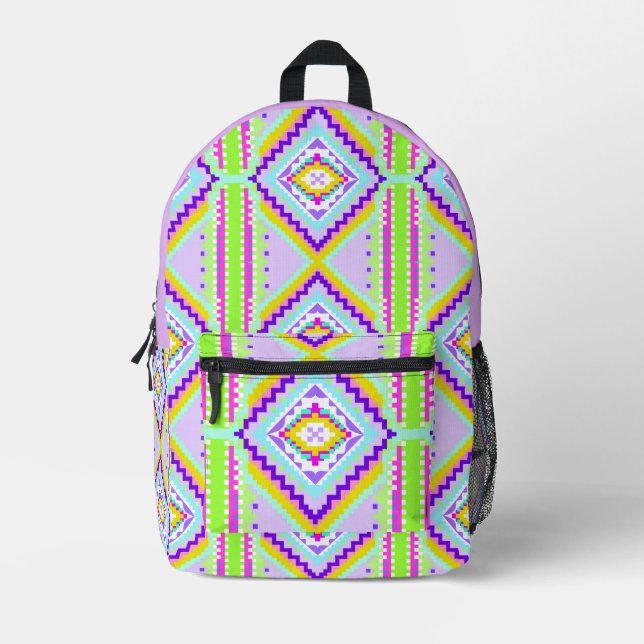 Mochila Impresa Calidoscopio de Sueños Tribales de Neón (Anverso)