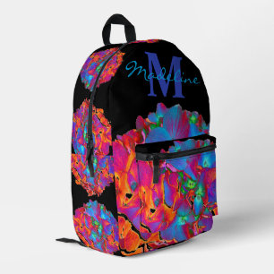 Mochila Impresa Caligrafía de monograma floral azul rosa rojo púrp
