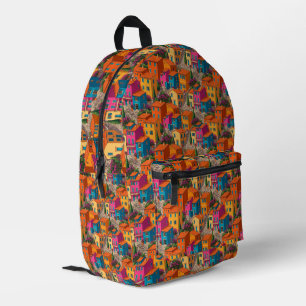 Mochila Impresa Calles Mediterráneas — Patrón de Casas Coloridas