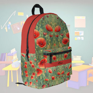 Mochila Impresa Campo brillante de amapolas rojas, personalizable